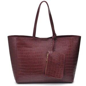 Burgundy Large Croc Print Tote Bag Gold Tone Hardware